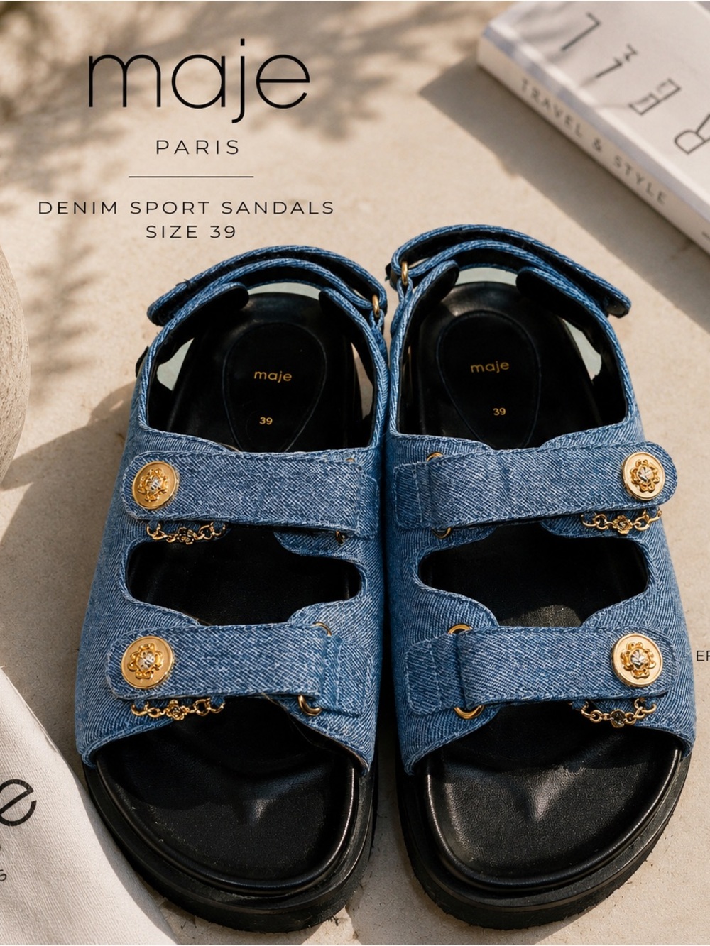 Maje Paris Denim Sport Sandals 39 | Gold Chain Designer Platform Slides | New